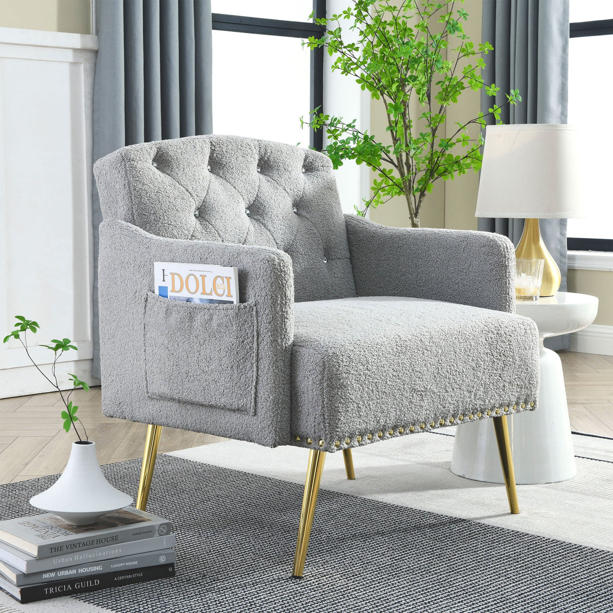 30 "W Modern Chesterfield Tufted Upholstered Chair with Deep Buttons, Living Room Chair, Comtable Armchair, Gold Hardware Legs, Tufted Chair Reading or Relaxing, GREY TEDDY
