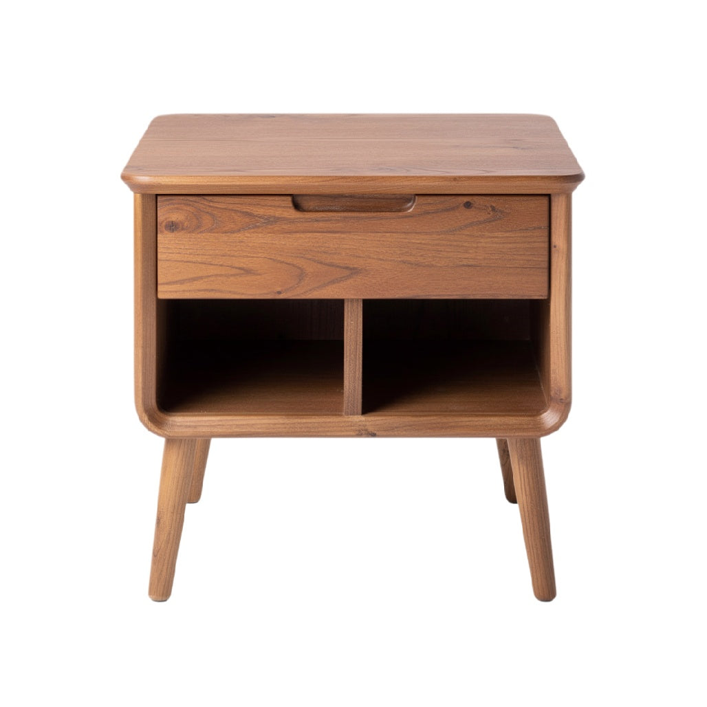 Mid-Century Modern Wooden Nightstand with Storage Drawer and Open Shelves