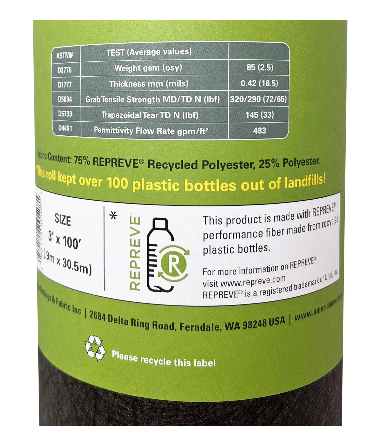 American Nettings Premium Plus REPREVE Recycled Contractor Landscape Fabric (Lifetime) 3' x 100'