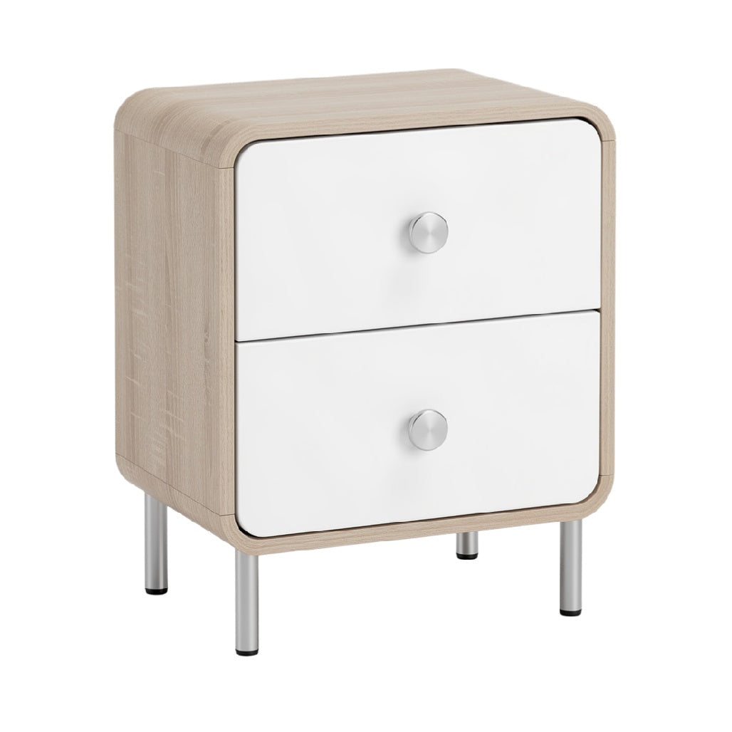 Modern Two-Drawer Nightstand with Wooden Frame and Glossy White Front