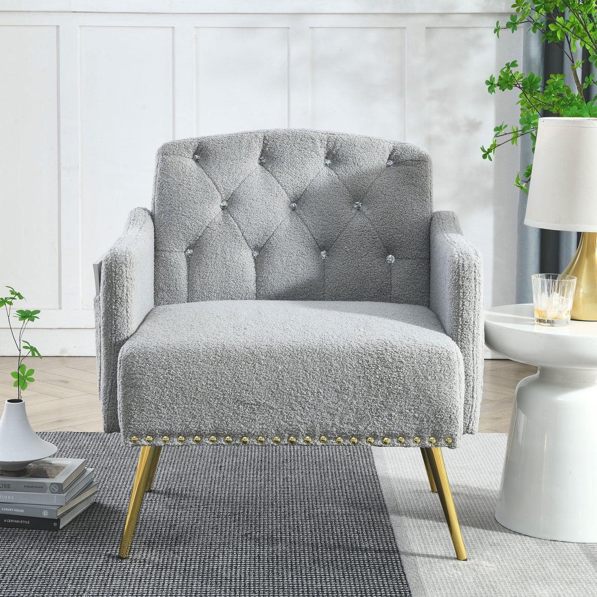30 "W Modern Chesterfield Tufted Upholstered Chair with Deep Buttons, Living Room Chair, Comtable Armchair, Gold Hardware Legs, Tufted Chair Reading or Relaxing, GREY TEDDY
